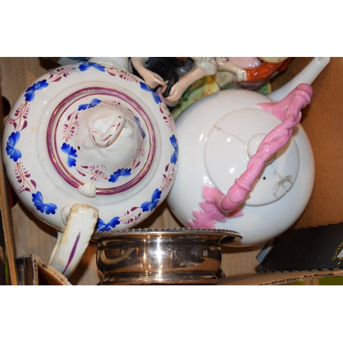 694 - A collection of antique and contemporary ceramic items to include tea pots, Staffordshire figures an... 