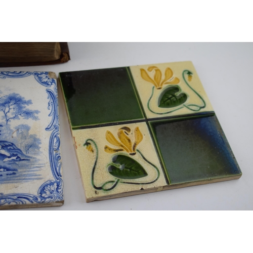 459 - An interesting collection of items to include 3 Victorian tiles, one by Smith and Co of Coalville, a... 