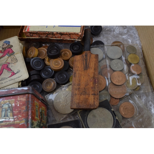 466 - A collection of early plating cards and games together with a quantity of UK coinage, a treen cricke... 