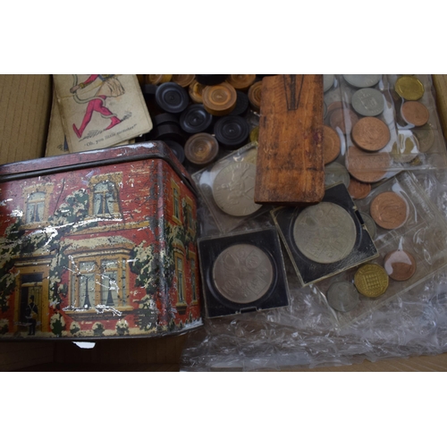 466 - A collection of early plating cards and games together with a quantity of UK coinage, a treen cricke... 