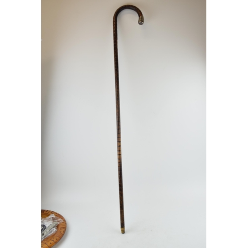 474 - An antique walking cane with white metal handle and brass ferrel. Length 92cm.