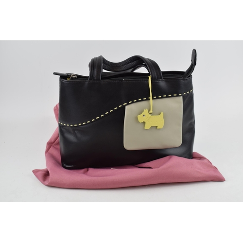 478 - Radley real leather handbag, black and grey with yellow piping in original pink cloth bag. 23cm x 28... 