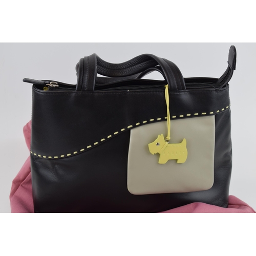 478 - Radley real leather handbag, black and grey with yellow piping in original pink cloth bag. 23cm x 28... 