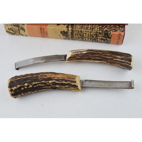 479 - Country interest to include a near pair of horn / antler handled hoof knives, one by Graham Oxley tr... 