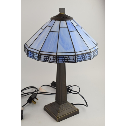 513 - A pair of Art Deco style bead-side lamps with blue glass Tiffany style shades. Modern wiring with sw... 