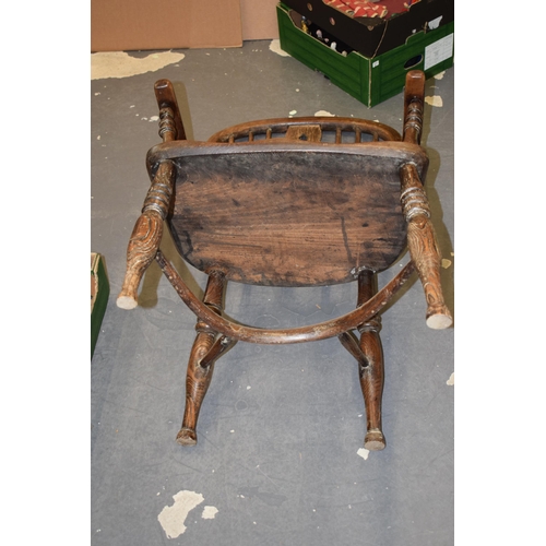 522 - Early Victorian elm and ash windsor chair, spindle back, shaped saddle seat, 98cm tall.