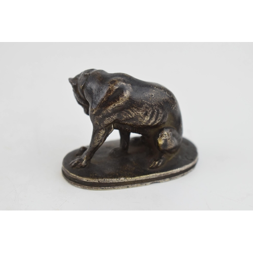 548 - Antique miniature bronze sculpture of a fighting dog looking at a snail, unsigned. Height 37mm.