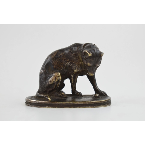 548 - Antique miniature bronze sculpture of a fighting dog looking at a snail, unsigned. Height 37mm.