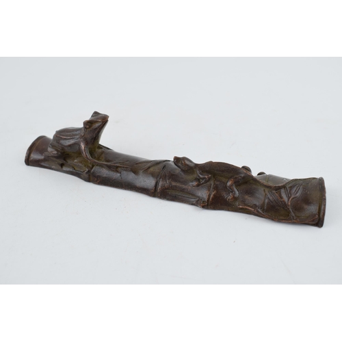 550 - A contemporary bronze Japanese style sculpture of a frog and a lizard on a bamboo cane, marks to und... 