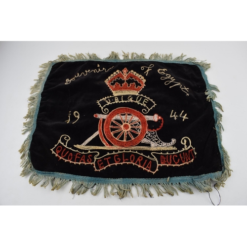 555 - A velvet pillow case 'Souvenir of Egypt' 1944 Royal Artillery Regiment. Hand-embroidered design to f... 