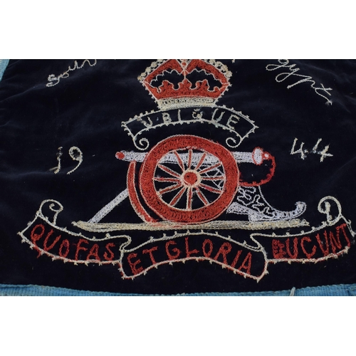 555 - A velvet pillow case 'Souvenir of Egypt' 1944 Royal Artillery Regiment. Hand-embroidered design to f... 