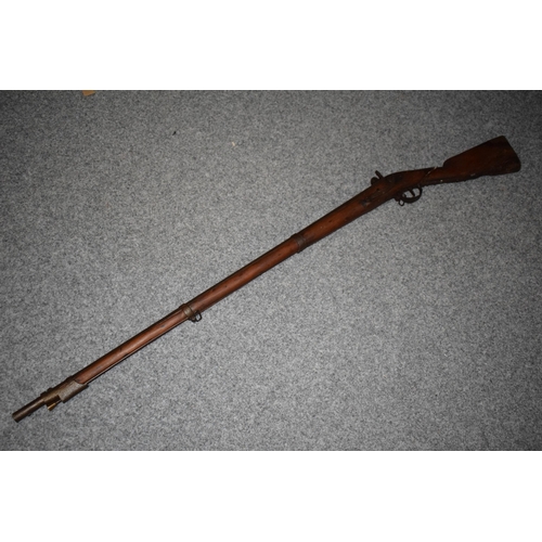 560 - Antique percussion musket with working action, obsolete calibre, 141cm long, collection only.