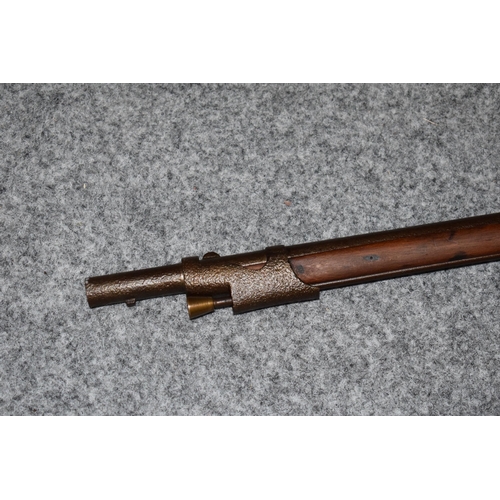 560 - Antique percussion musket with working action, obsolete calibre, 141cm long, collection only.