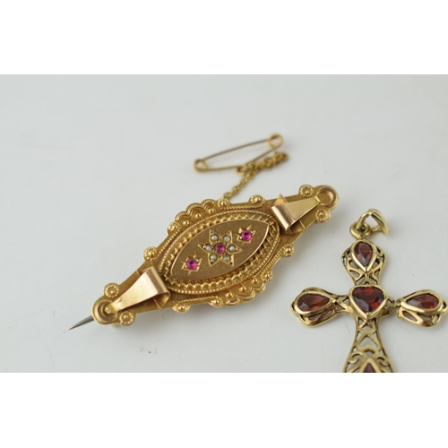 342 - Victorian 9ct gold brooch set with seed pearls and rubies, and a 9ct gold with garnet cross, 5.4g.