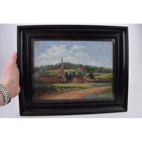 609 - Oil on board, indistinguishable signature to bottom right. Landscape painting with church and houses... 