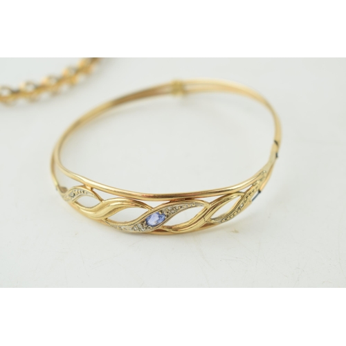 352 - 9ct gold sapphire & white stone bangle, broken with wire core, and a bangle of foreign origin with i... 