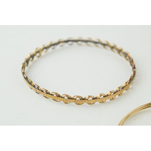 352 - 9ct gold sapphire & white stone bangle, broken with wire core, and a bangle of foreign origin with i... 