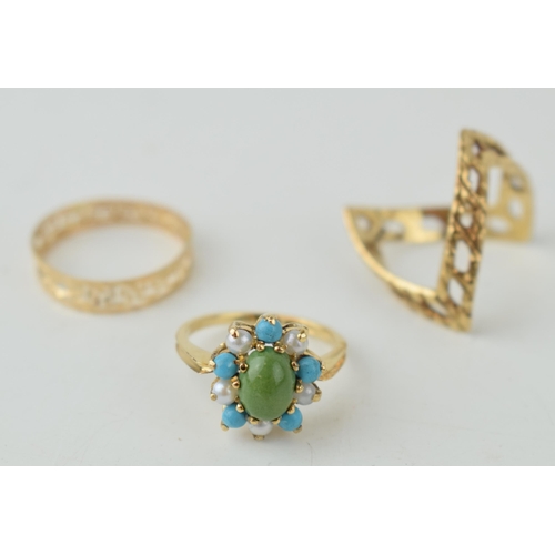 353 - Three 9ct gold rings, one set with turquoise and pearls, the centre stone replaced, total weight 6.3... 