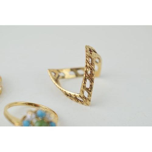 353 - Three 9ct gold rings, one set with turquoise and pearls, the centre stone replaced, total weight 6.3... 