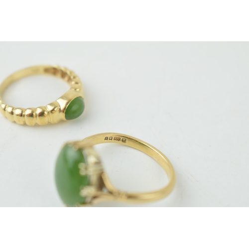 354 - Two 9ct gold rings set with jade or a similar type of stone, sizes S & N (larger stone ring),  6.3g.