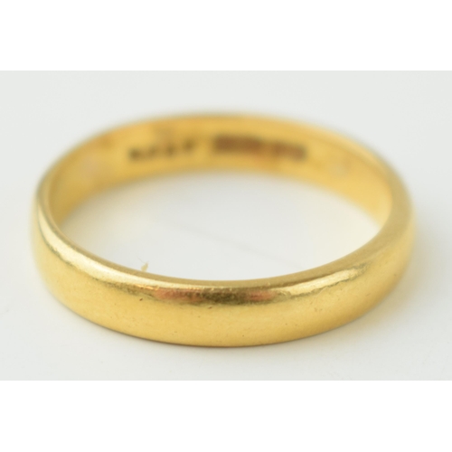 355 - 22ct gold hallmarked wedding ring, size R, 5.2g.