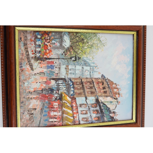 618 - Burnett, oil on board. A pair of Paris street scenes c1960s. 19cm x 25cm.