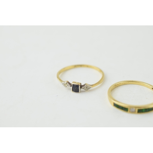 360 - Two 18ct gold rings, both size P, diamond and emerald & diamond and sapphire 3.5g.