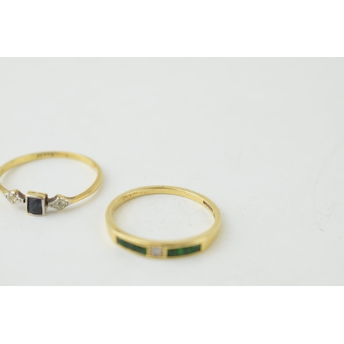 360 - Two 18ct gold rings, both size P, diamond and emerald & diamond and sapphire 3.5g.