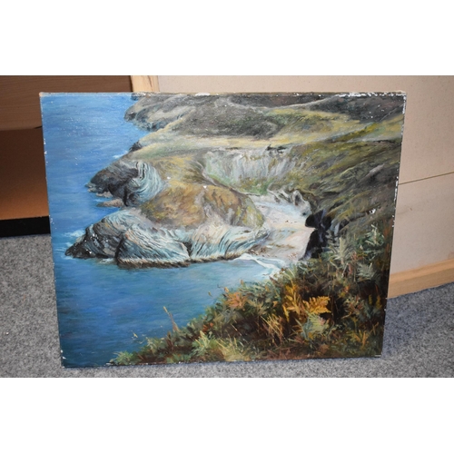 621 - Oil on canvas, coastal scene, unsigned. 61cm x 50cm.