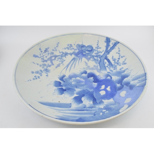 631 - Late 19th century large Japanese charger with foliage design, blue tones, 46cm wide (restored).