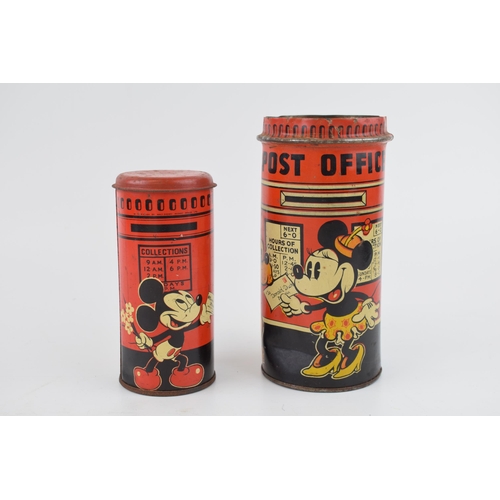 637 - A pair of Happyna Mickey Mouse money boxes to include a postbox example with lid, 12cm tall, with a ... 