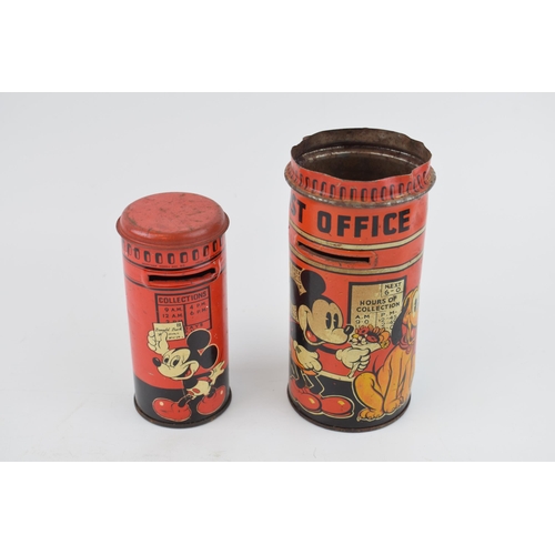 637 - A pair of Happyna Mickey Mouse money boxes to include a postbox example with lid, 12cm tall, with a ... 