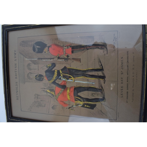 557 - Two 'Reynolds' British Army', Framed Prints, The Model Sentry Grenadier Guards, Levee Day, St James'... 