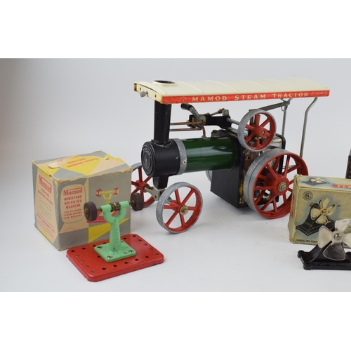 664 - A Mamod TE 1A Traction Engine, live steam vintage toy together with boxed Mamod Miniature Grinding M... 