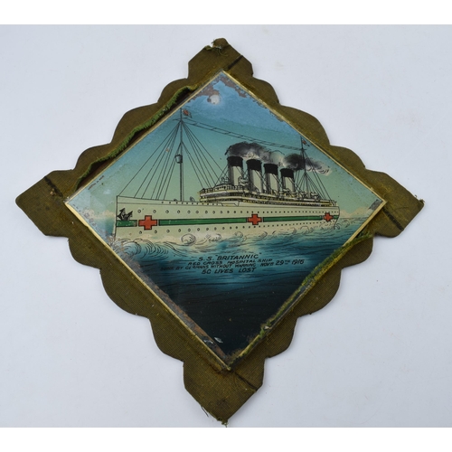 697 - WWII era Hand-painted glass tile of the 'S.S Britannic' Red Cross Hospital Ship, Sunk Nov 29th 1916.... 