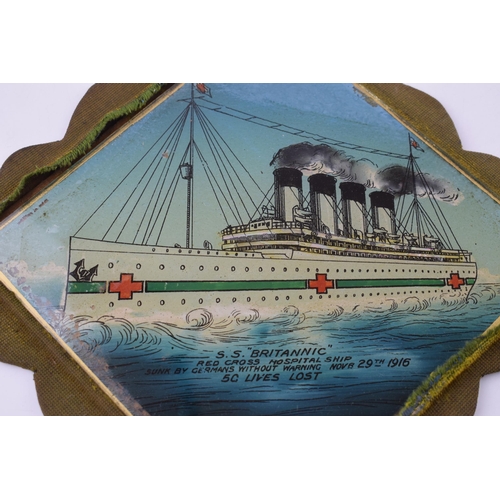 697 - WWII era Hand-painted glass tile of the 'S.S Britannic' Red Cross Hospital Ship, Sunk Nov 29th 1916.... 