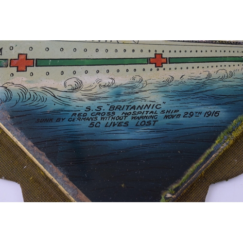 697 - WWII era Hand-painted glass tile of the 'S.S Britannic' Red Cross Hospital Ship, Sunk Nov 29th 1916.... 