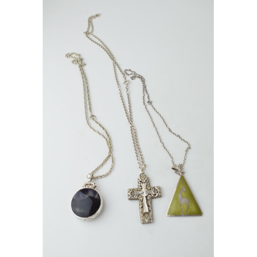 366E - 3 large and unusual silver pendants & silver chains - 1 enamelled and marked Norway, one plain with ... 