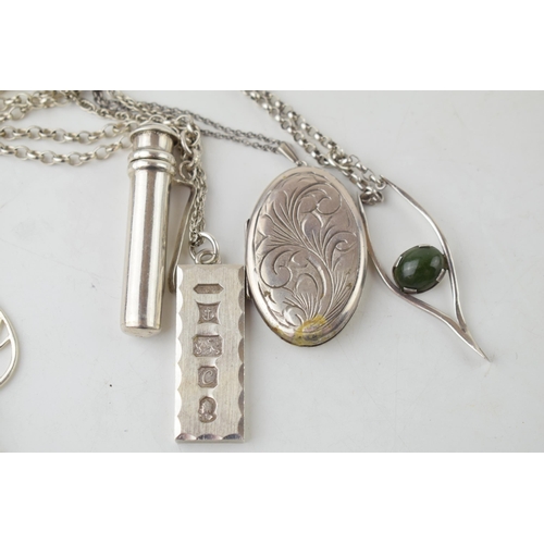 366F - 5 silver pendants & silver chains, total weight 113g.  Includes locket, ingot, fancy tree shapes, on... 