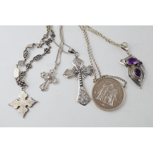 366G - 5 silver pendants & silver chains, total weight 104g.  Includes large 50 F silver coin, amethyst set... 