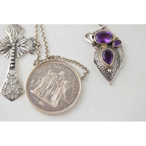 366G - 5 silver pendants & silver chains, total weight 104g.  Includes large 50 F silver coin, amethyst set... 