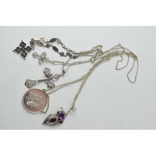 366G - 5 silver pendants & silver chains, total weight 104g.  Includes large 50 F silver coin, amethyst set... 