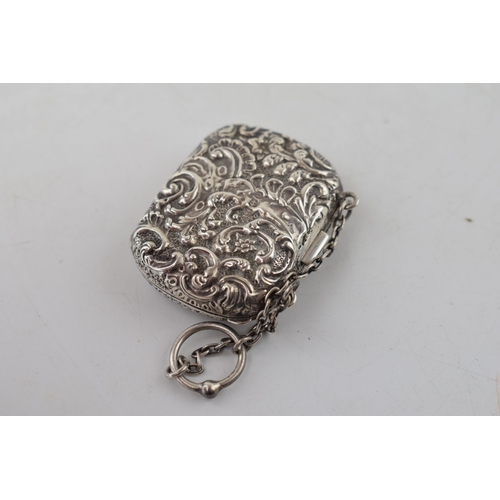 379 - Silver miniature chatelaine purse, leather interior, Birmingham 1888.