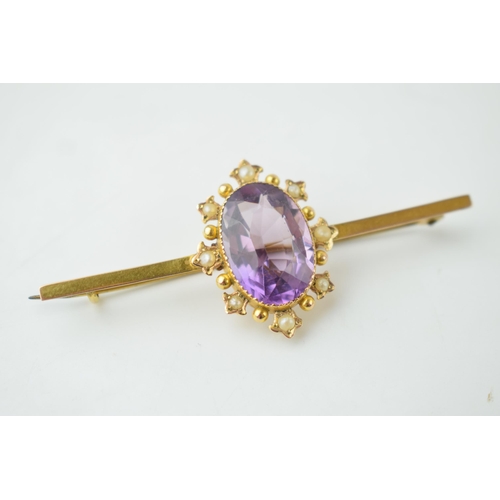 381 - 9ct gold amethyst and pearl bar brooch, 5.2 grams, steel pin, 7cm wide.