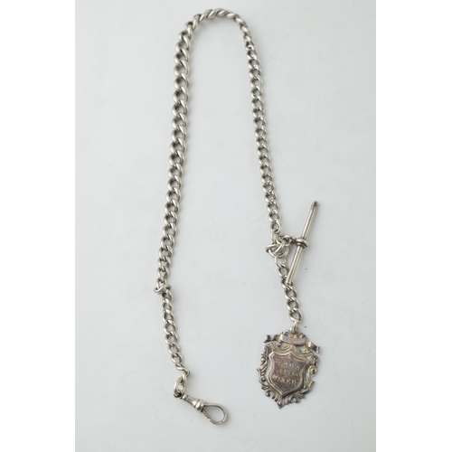 391 - Silver albert chain with t-bar and fob, 43.9 grams, 41cm long.