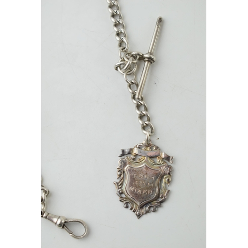 391 - Silver albert chain with t-bar and fob, 43.9 grams, 41cm long.