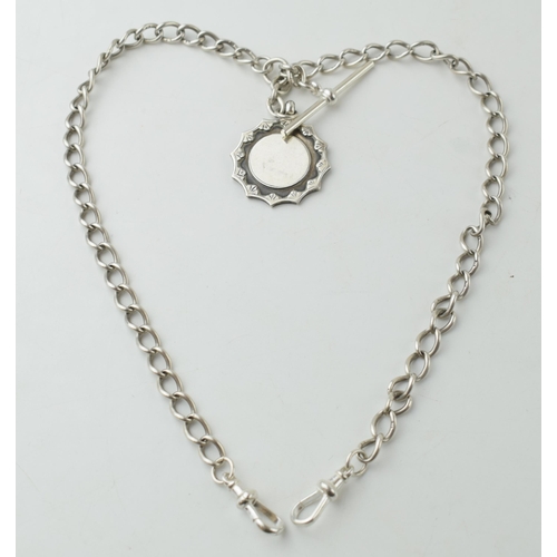 392 - Silver double albert chain with t-bar and fob, 38.2 grams, 45cm long.