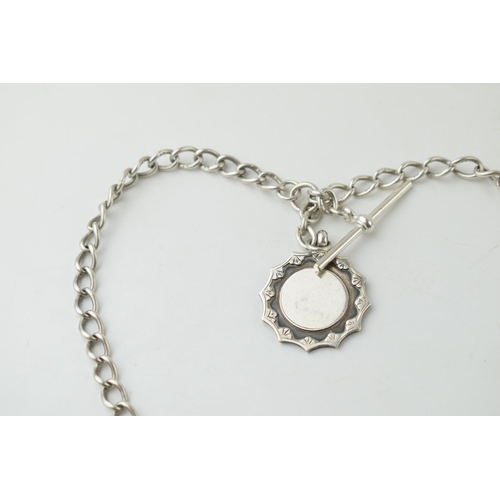 392 - Silver double albert chain with t-bar and fob, 38.2 grams, 45cm long.