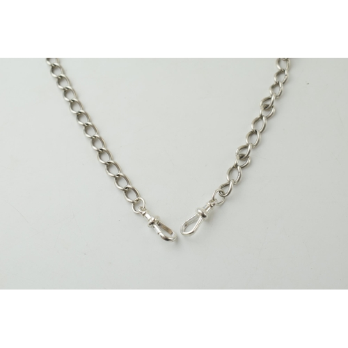 392 - Silver double albert chain with t-bar and fob, 38.2 grams, 45cm long.