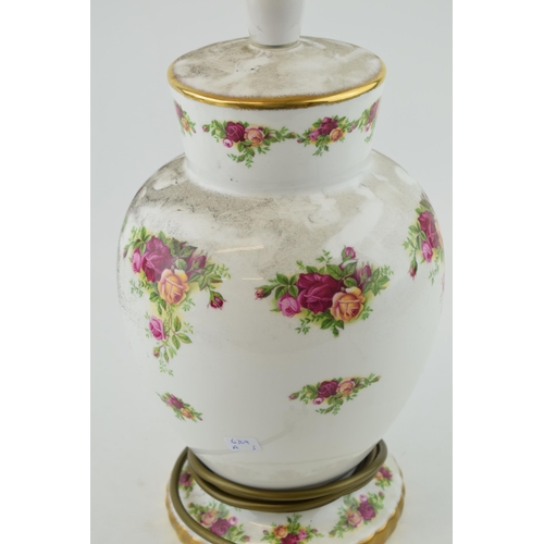 242 - Royal Albert Old Country Roses large bulbous lampbase, 26cm tall inc fittings.